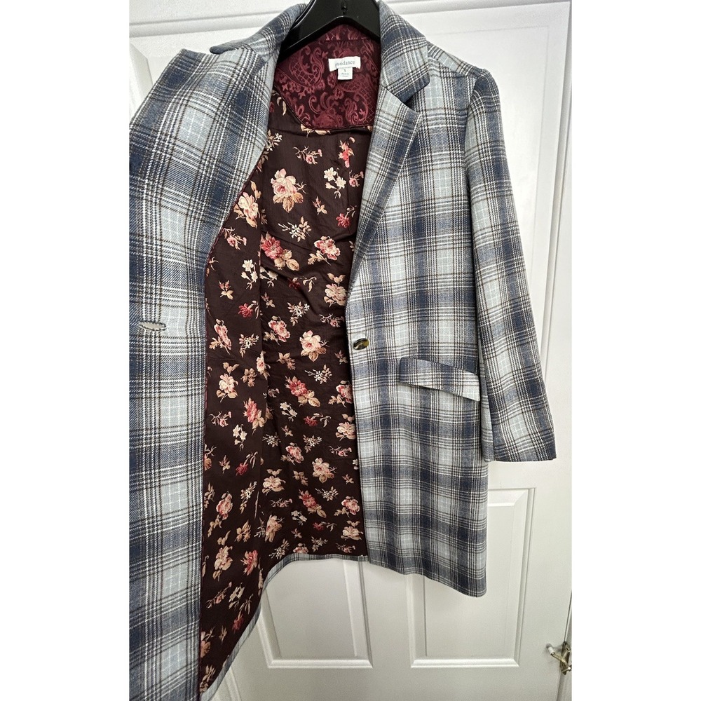 Sundance ANNIE Fall Plaid LONG Jacket Womens Small Wool Blend Lightweight Blue - Picture 6 of 12
